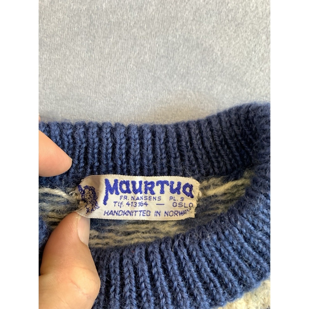 Vintage Maurtua Norwegian Sweater Hand Knit Norway Wool Shrunken Small - Picture 2 of 6
